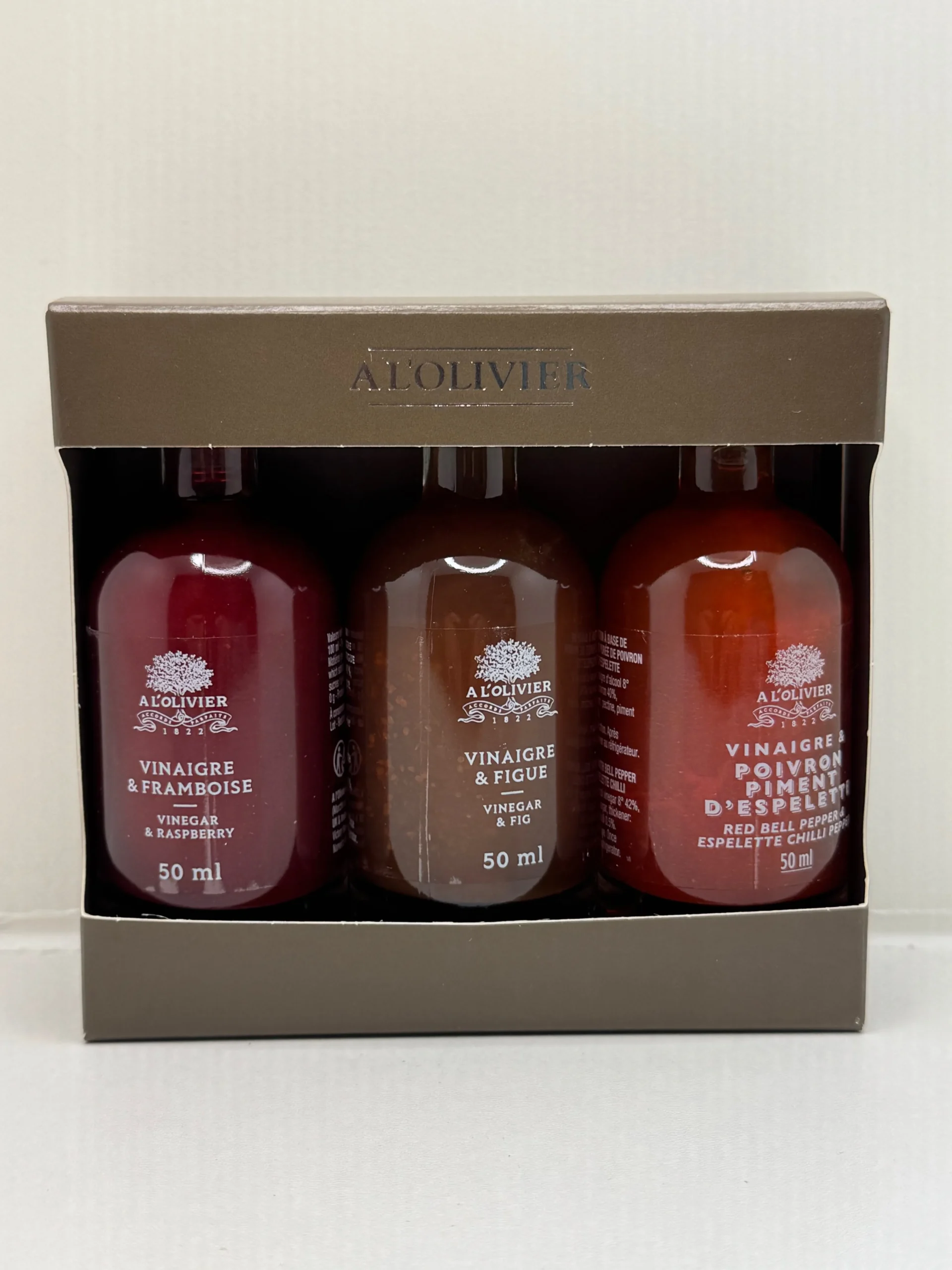 COFFRET VINAIGRE FRAMBOISE POIVRON PIMENT FIGUE x3 A L'OLIVIER