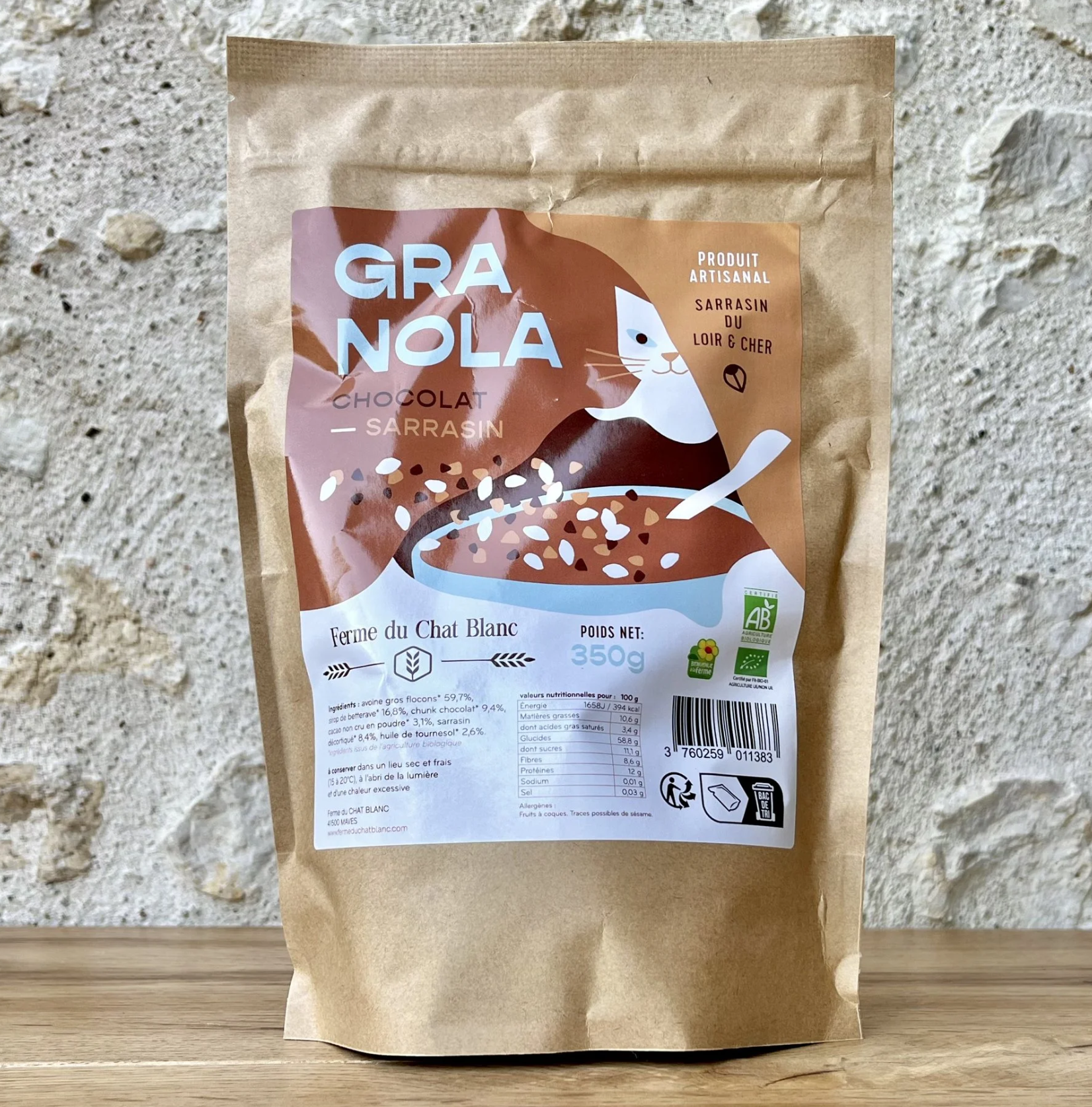 GRANOLA AUX FLOCONS D'AVOINE SARRAZIN CHOCOLAT BIO 350G LA FERME DU CHAT BLANC