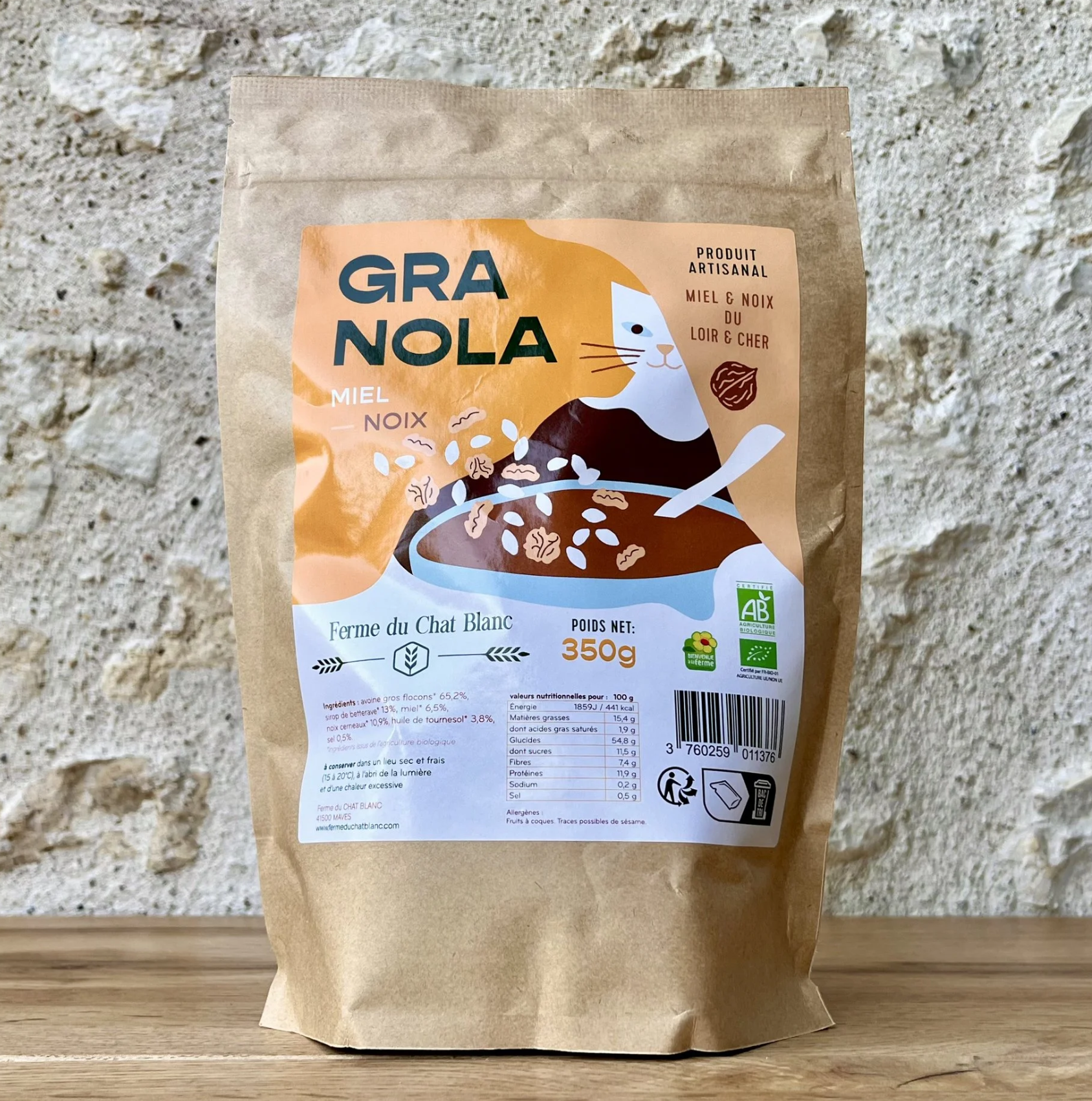 GRANOLA AUX FLOCONS D'AVOINE MIEL ET NOIX BIO 350G LA FERME DU CHAT BLANC