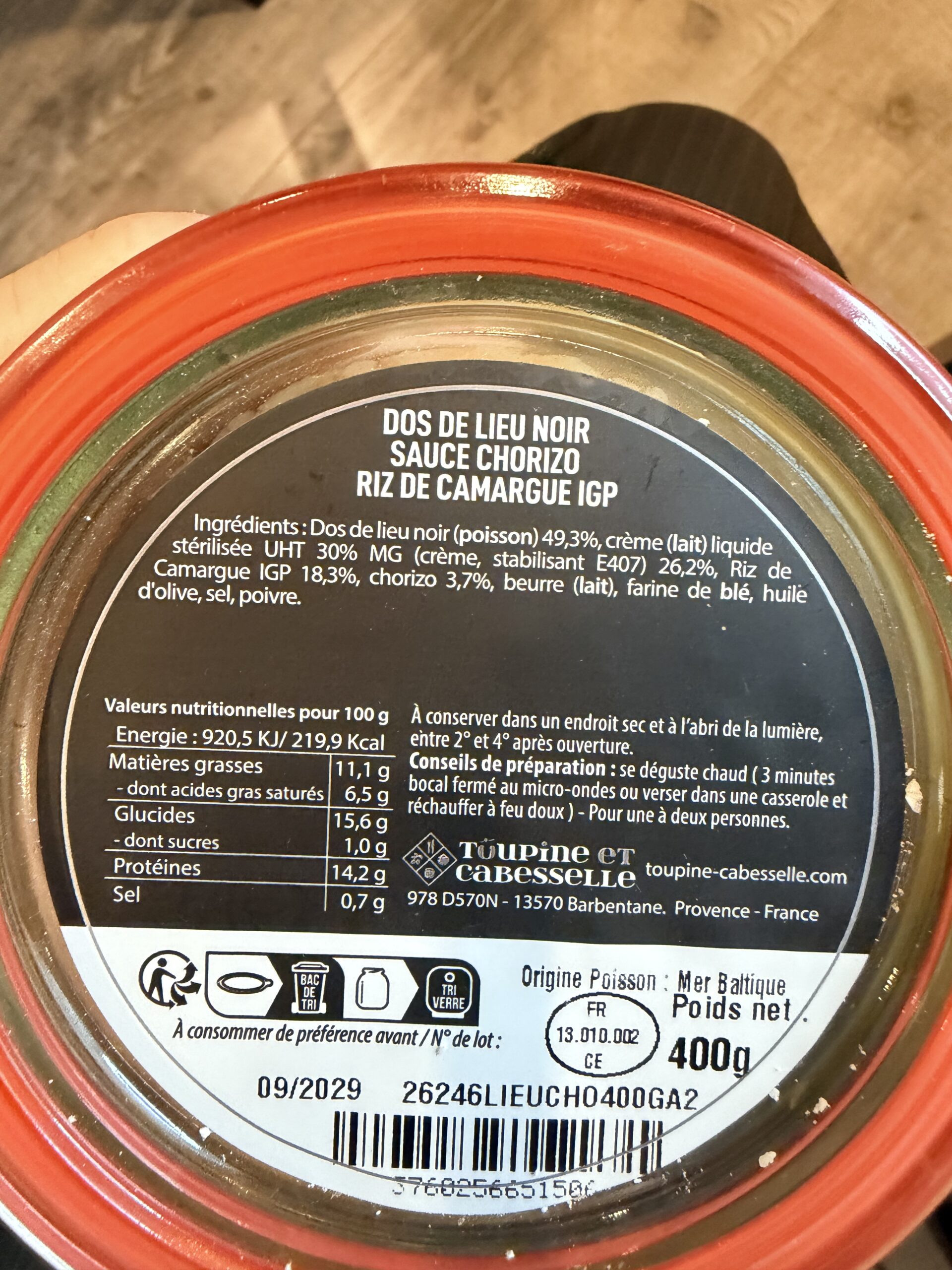 DOS DE LIEU NOIR SAUCE CHORIZO ET RIZ DE CAMARGUE 400G TOUPINE ET CABESSELLE – Image 2