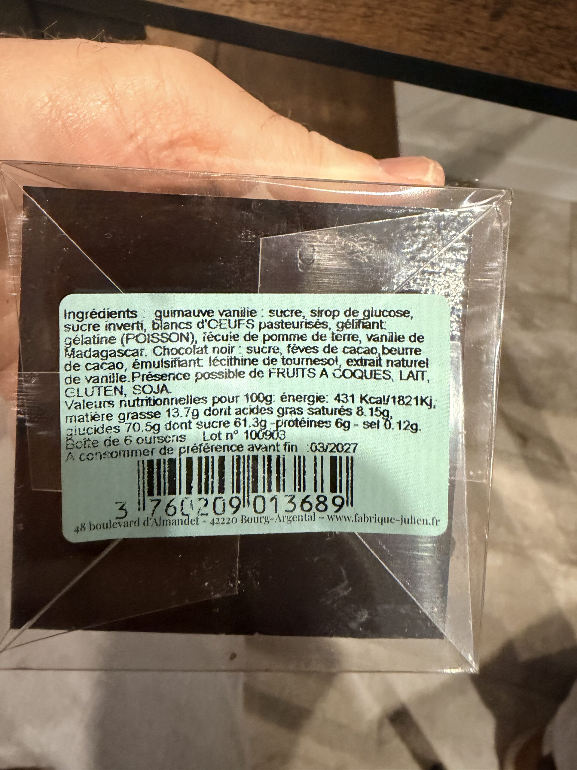 6 OURSONS GUIMAUVE VANILLE CHOCOLAT NOIR 90G LA FABRIQUE DE JULIEN – Image 2