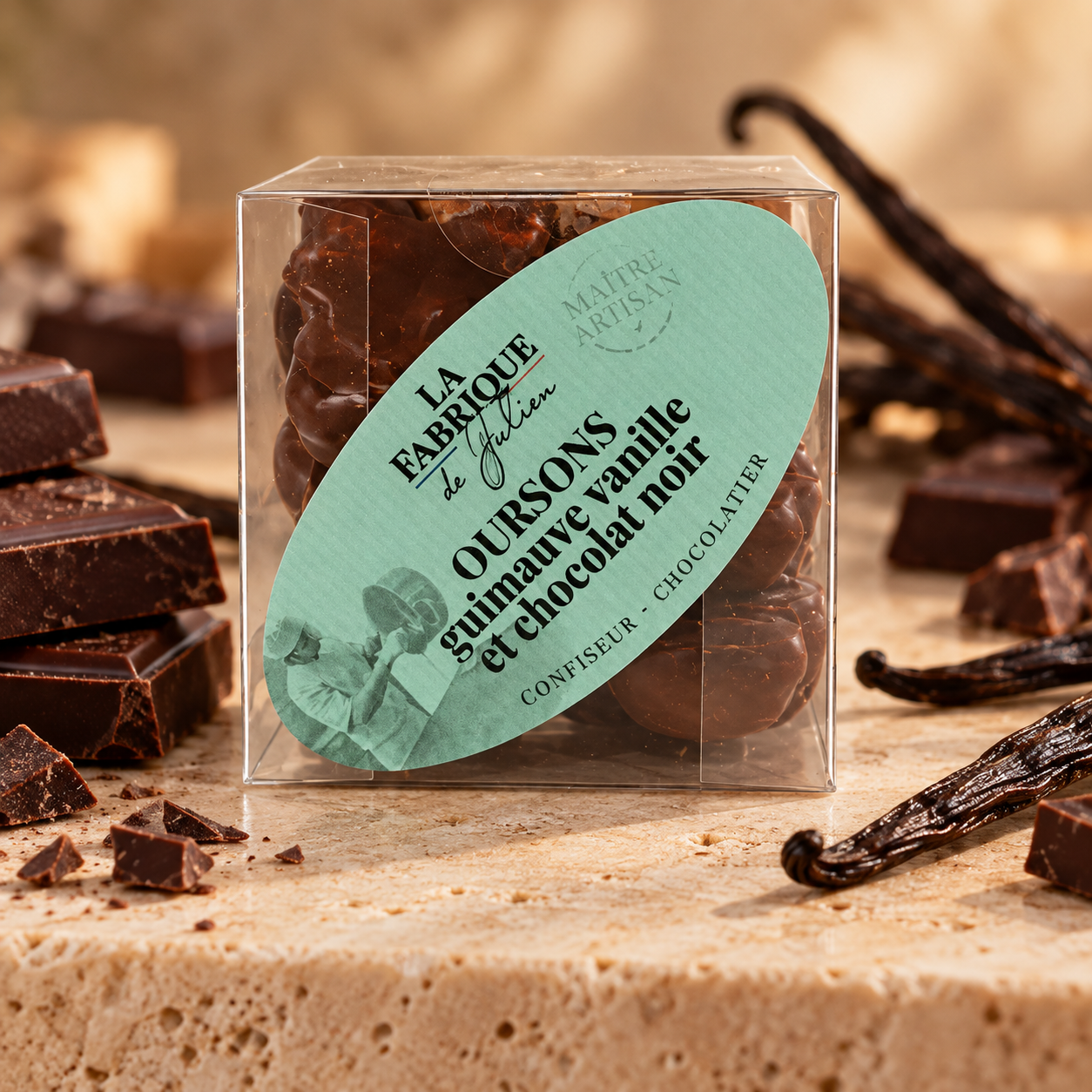 6 OURSONS GUIMAUVE VANILLE CHOCOLAT NOIR 90G LA FABRIQUE DE JULIEN