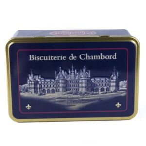 BOÎTE MÉTAL BLEU LISERÉ ROSE PALETS AUX PÉPITES DE CHOCOLAT 240G BISCUITERIE DE CHAMBORD